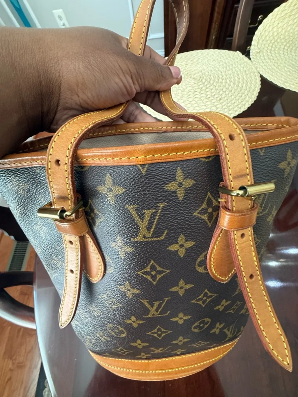 Louis Vuitton Monogram Canvas Mini Bucket Bag in Brown and Tan